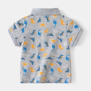 Boys grey short sleeve polo shirt with all-over dinosaur print on soft cotton fabric