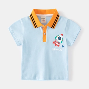 Boys light blue short-sleeved polo shirt with cartoon rocket print and orange collar