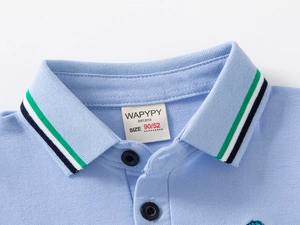 Detail of light blue polo shirt collar with tri-color striped trim and pearl buttons
