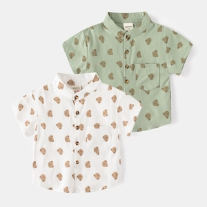 Toddler Boy Cartoon Bear Print Short Sleeve Shirt Summer Casual Cotton Button Down Top Korean Style For Kids Baby Clothing