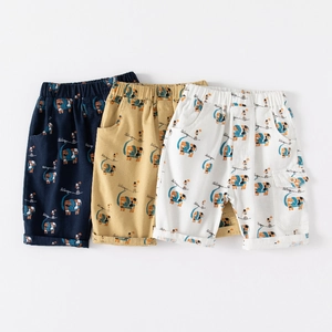 Three-pack kids cotton shorts featuring colorful elephant and bike prints in navy yellow and white