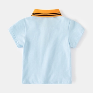 Rear view of boys light blue polo shirt with orange collar and black stripes detail
