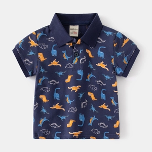 Boys short sleeve polo shirt with navy blue fabric and cartoon dinosaur patterns