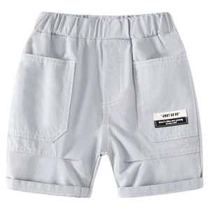 Boys summer cotton casual shorts in light grey with elastic waist and large utility pockets