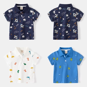 Boys Short Sleeve Polo Shirt Cotton Blend Cartoon Dinosaur Space Print Top Children Summer Korean Style Casual Lapel Clothes