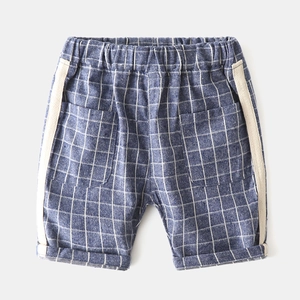 Toddler boys blue plaid cotton shorts with elastic waist and stylish side tape detailing