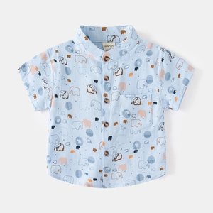 Light blue short-sleeved boys shirt with cartoon elephant print and brown buttons