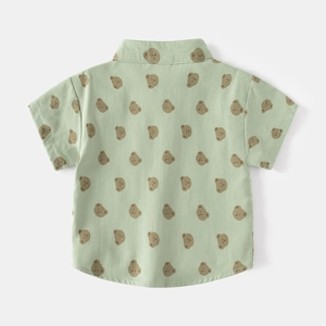 Back view of light green cotton short sleeve shirt with cute cartoon bear prints for boys