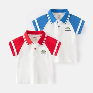 Polo à Manches Courtes Garçon Mélange Coton Couleur Contrastée Manches Raglan Dinosaure Brodé Haut Décontracté Été