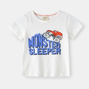T-shirt enfant en coton flammé blanc avec motif graphique de monster truck rouge et bleu