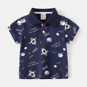 Boys' dark blue short-sleeved Polo shirt with cartoon space universe print for kids