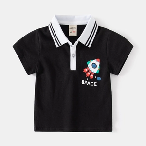 Boys black cotton short sleeve Polo shirt with rocket space print and striped collar