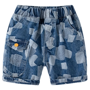 Boys denim shorts with geometric patchwork print and elastic waist for summer kids wear