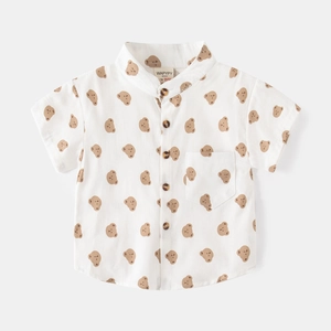 Short-sleeved white toddler shirt with cartoon bear print and stylish mandarin collar
