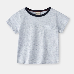 T-shirt manches courtes enfant en coton chiné avec col contrasté et poche poitrine