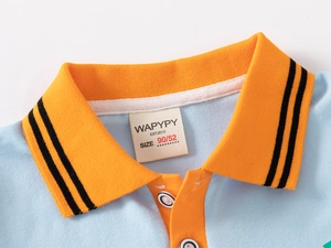Detail view of the sky blue Polo shirt collar with orange stripes and size label