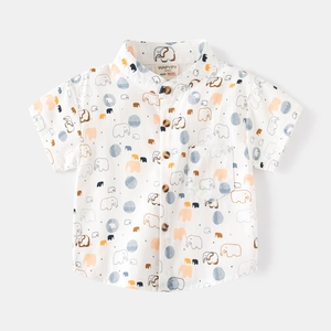 Toddler boys white short sleeve shirt with colorful cartoon elephant print and stand collar