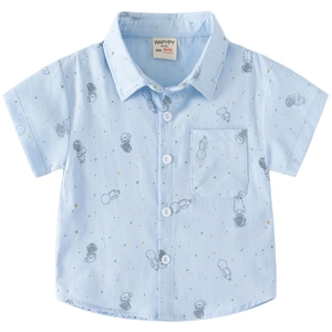 Kids short sleeve light blue cotton shirt with astronaut and star prints and pocket
