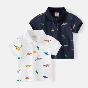 Polo à Manches Courtes pour Garçons en Mélange de Coton avec Impression Intégrale de Dinosaures Col à Revers Haut d'Été