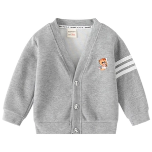 Classic grey kids' V-neck knit cardigan with cute bear embroidery and sporty stripes