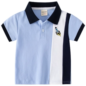 Kids short sleeve polo shirt with blue color block and rocket embroidery on front