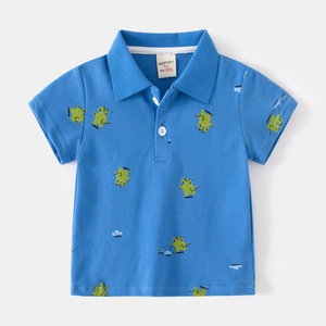 Blue kids polo shirt with all-over cartoon tiger prints and white buttons
