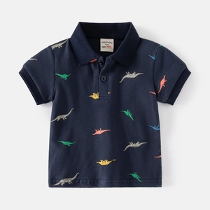Polo bleu marine pour garçons avec imprimé dinosaure coloré pour l'été frais