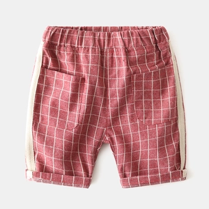 Boys red plaid summer shorts with elastic waist and side stripe detail