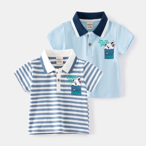 Boys Short Sleeve Polo Shirt Cotton Blend Cartoon Dog Printed Lapel Summer Top Toddler Casual Striped Shirt