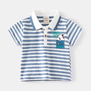 Classic blue and white striped cotton Polo shirt for boys with a cute puppy embroidery