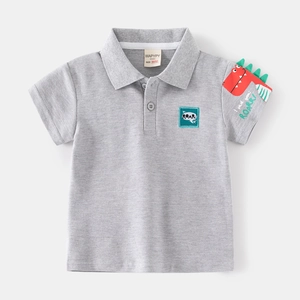 Boys grey cotton polo shirt with dinosaur embroidery and ROAR! chest badge design