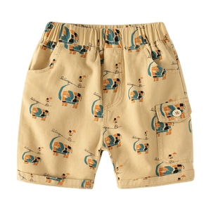 Kids beige elephant print shorts with elastic waist and cargo pocket detail