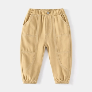 Kids mustard yellow cotton cargo pants with elastic waist and ribbed ankle cuffs