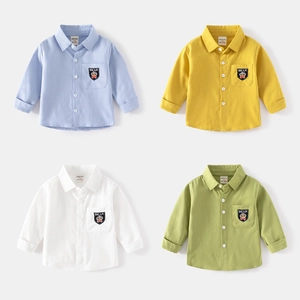 Boys Long Sleeve Cotton Shirt Casual Korean Style Cartoon Bear Embroidery Pocket Lapel Top For Kids School Daily Wear