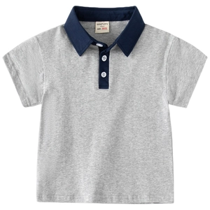 Kids grey and navy contrast short sleeve polo shirt with classic three-button placket