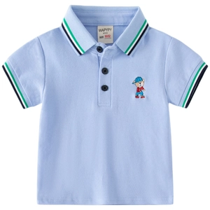 Classic light blue boys cotton polo shirt with embroidered bear and striped collar details