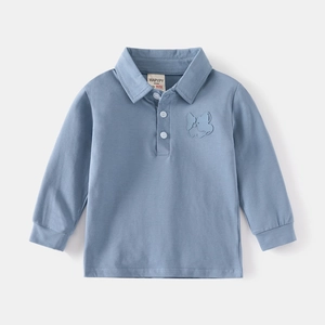 Toddler light blue long-sleeve polo shirt featuring small dog embroidery and buttons