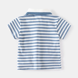 Classic blue and white striped kids short sleeve polo shirt with white collar and smooth texture