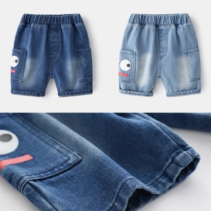 Boys Denim Shorts Summer Cotton Elastic Waist Cartoon Eyes Pattern Washed Korean Style Kids Shorts Casual Denim Bottoms