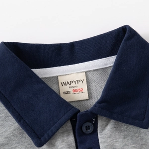 Classic grey kids long sleeve polo sweatshirt with navy blue ribbed collar and buttons