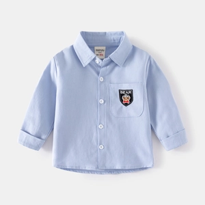 Classic light blue long sleeve button-up cotton shirt for boys with bear chest pocket