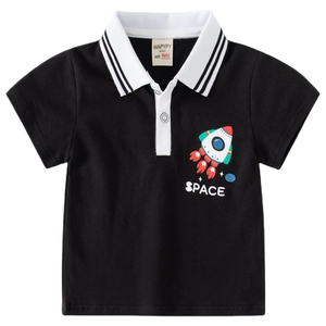 Boys black cotton polo shirt with white stripe collar and colorful rocket space print