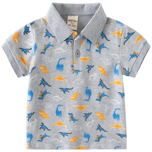 Gray boys' short-sleeve polo shirt with cartoon dinosaur patterns and turn-down collar