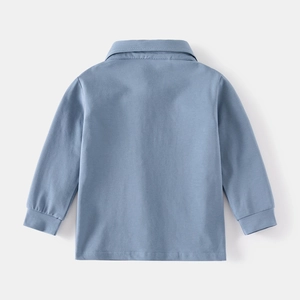 Back view of a haze blue kids' long-sleeve polo shirt with ribbed cuffs and polo collar