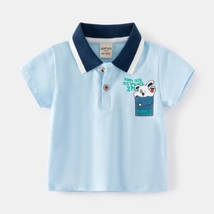 Light blue boys short sleeve polo shirt with navy collar and puppy dog graphic print