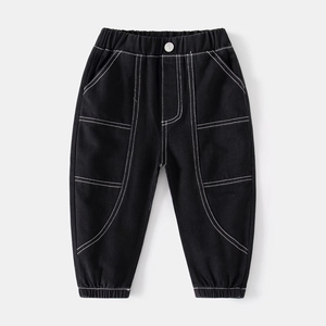 Boys black cargo pants with white contrast stitching and elastic waist for spring