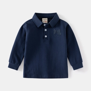 Classic navy blue long-sleeve cotton polo shirt for boys with French bulldog embroidery