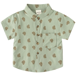 Short-sleeved light green kids shirt featuring cute brown bear prints and wooden buttons