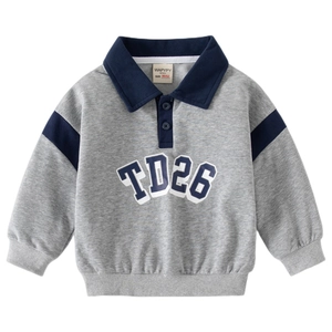 Grey long sleeve polo sweatshirt for boys with TD26 collegiate print and navy collar