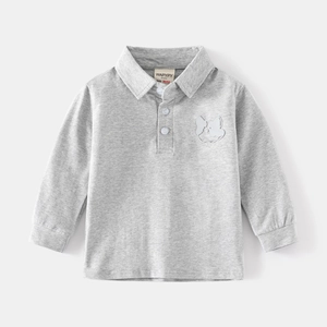 Classic grey long-sleeved polo shirt for boys with a cute dog embossed pattern